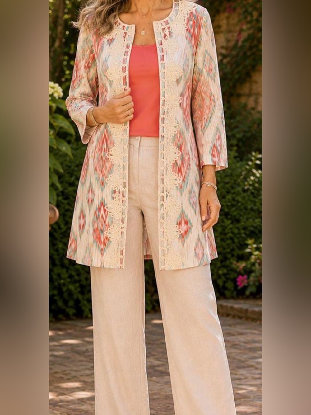 CHICO’S Daintree IKAT Print Soutache Linen Jacket Topper 3/4 Sleeve Size 3 Us XL